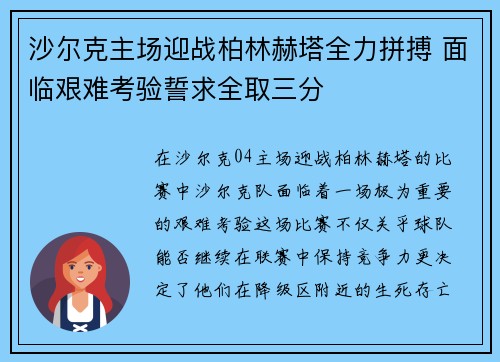 沙尔克主场迎战柏林赫塔全力拼搏 面临艰难考验誓求全取三分