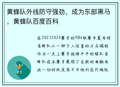 黄蜂队外线防守强劲，成为东部黑马，黄蜂队百度百科